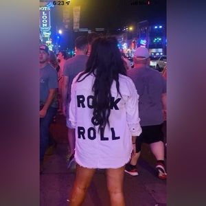 Distressed white denim rock n roll jacket